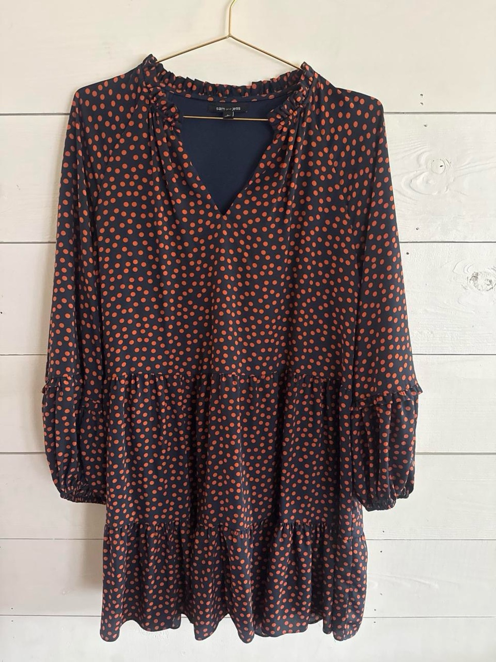 Polka Dot Tiered V-Neck Dress - Black with Rust Polka Dots